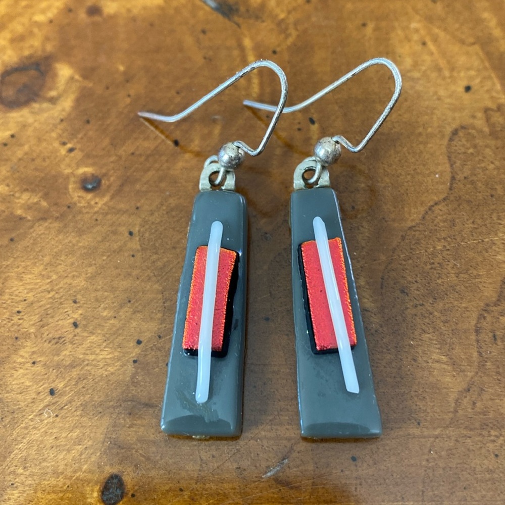 Gray and Orange Fused Glass Earrings